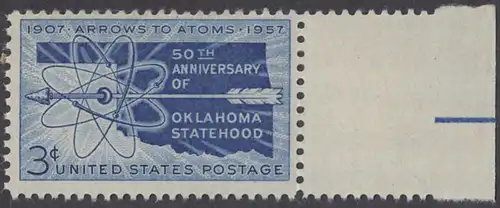 USA Michel 0714 / Scott 1092 postfrisch EINZELMARKE RAND rechts - 50 Jahre Staat Oklahoma: Landkarte von Oklahoma, Atomsymbol mit Pfeil