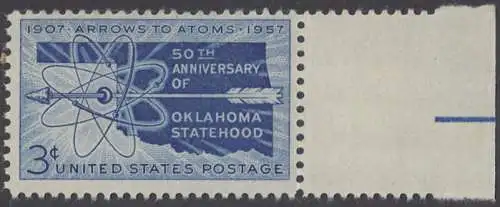USA Michel 0714 / Scott 1092 postfrisch EINZELMARKE RAND rechts (a1) - 50 Jahre Staat Oklahoma: Landkarte von Oklahoma, Atomsymbol mit Pfeil