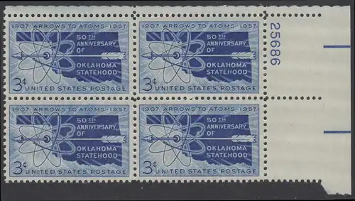 USA Michel 0714 / Scott 1092 postfrisch PLATEBLOCK ECKRAND oben rechts m/ Platten-# 25686 (b) - 50 Jahre Staat Oklahoma: Landkarte von Oklahoma, Atomsymbol mit Pfeil