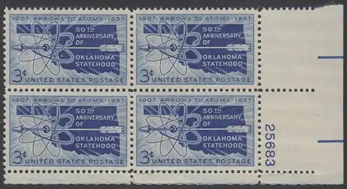 USA Michel 0714 / Scott 1092 postfrisch PLATEBLOCK ECKRAND unten rechts m/ Platten-# 25683 (b) - 50 Jahre Staat Oklahoma: Landkarte von Oklahoma, Atomsymbol mit Pfeil