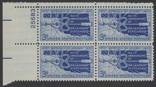 USA Michel 0714 / Scott 1092 postfrisch PLATEBLOCK ECKRAND oben links m/ Platten-# 25683 (b) - 50 Jahre Staat Oklahoma: Landkarte von Oklahoma, Atomsymbol mit Pfeil