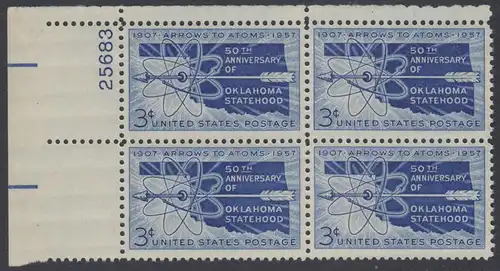 USA Michel 0714 / Scott 1092 postfrisch PLATEBLOCK ECKRAND oben links m/ Platten-# 25683 (c) - 50 Jahre Staat Oklahoma: Landkarte von Oklahoma, Atomsymbol mit Pfeil