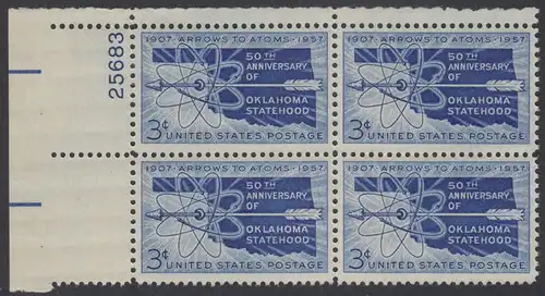 USA Michel 0714 / Scott 1092 postfrisch PLATEBLOCK ECKRAND oben links m/ Platten-# 25683 (f) - 50 Jahre Staat Oklahoma: Landkarte von Oklahoma, Atomsymbol mit Pfeil