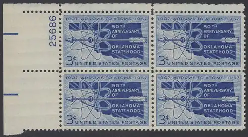 USA Michel 0714 / Scott 1092 postfrisch PLATEBLOCK ECKRAND oben links m/ Platten-# 25686 (b) - 50 Jahre Staat Oklahoma: Landkarte von Oklahoma, Atomsymbol mit Pfeil