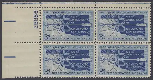 USA Michel 0714 / Scott 1092 postfrisch PLATEBLOCK ECKRAND oben links m/ Platten-# 25686 (c) - 50 Jahre Staat Oklahoma: Landkarte von Oklahoma, Atomsymbol mit Pfeil