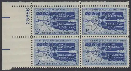 USA Michel 0714 / Scott 1092 postfrisch PLATEBLOCK ECKRAND oben links m/ Platten-# 25686 (f) - 50 Jahre Staat Oklahoma: Landkarte von Oklahoma, Atomsymbol mit Pfeil