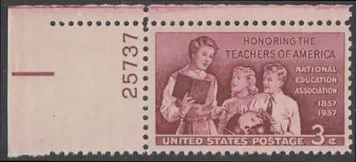 USA Michel 0715 / Scott 1093 postfrisch EINZELMARKE ECKRAND oben links m/ Platten-# 25737 - 100 Jahre Lehrer-Vereinigung: Lehrerin mit Schülern