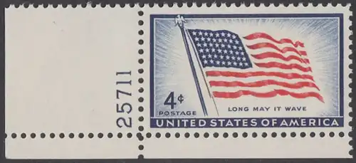USA Michel 0716 / Scott 1094 postfrisch EINZELMARKE ECKRAND unten links m/Platten-# 25711 - 100 Jahre Amerikanische Flagge, von 1957 (48 Sterne für 48 Staaten) 