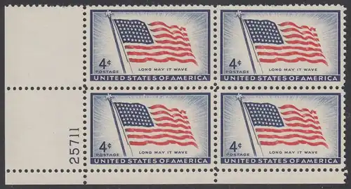 USA Michel 0716 / Scott 1094 postfrisch PLATEBLOCK ECKRAND unten links m/Platten-# 25711 (b) - 100 Jahre Amerikanische Flagge, von 1957 (48 Sterne für 48 Staaten) 