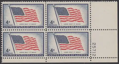 USA Michel 0716 / Scott 1094 postfrisch PLATEBLOCK ECKRAND unten rechts m/Platten-# 25712 (c) - 100 Jahre Amerikanische Flagge, von 1957 (48 Sterne für 48 Staaten) 