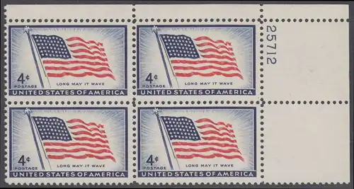 USA Michel 0716 / Scott 1094 postfrisch PLATEBLOCK ECKRAND oben rechts m/Platten-# 25712 (b) - 100 Jahre Amerikanische Flagge, von 1957 (48 Sterne für 48 Staaten) 