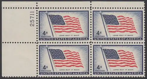 USA Michel 0716 / Scott 1094 postfrisch PLATEBLOCK ECKRAND oben links m/Platten-# 25711 (a) - 100 Jahre Amerikanische Flagge, von 1957 (48 Sterne für 48 Staaten) 