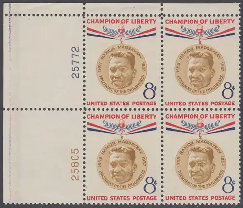 USA Michel 0719 / Scott 1096 postfrisch PLATEBLOCK ECKRAND oben links m/Platten-# 25772 - Freiheitskämpfer: 50. Geburtstag von Ramón Magsaysay; Präsident der Philippinen