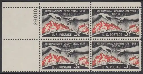 USA Michel 0727 / Scott 1107 postfrisch PLATEBLOCK ECKRAND oben links m/Platten-# 26010 (a) - Internationales Geophysikalisches Jahr 1957/1958