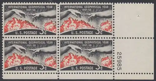 USA Michel 0727 / Scott 1107 postfrisch PLATEBLOCK ECKRAND unten rechts m/Platten-# 25985 (a) - Internationales Geophysikalisches Jahr 1957/1958