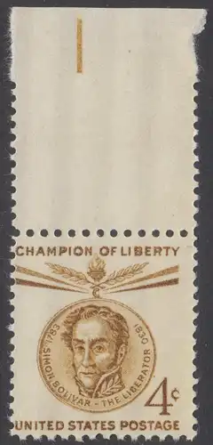 USA Michel 0730 / Scott 1110 postfrisch EINZELMARKE RAND oben - Freiheitskämpfer: 175. Geburtstag von Simón Bolívar, lateinamerikanischer Nationalheld