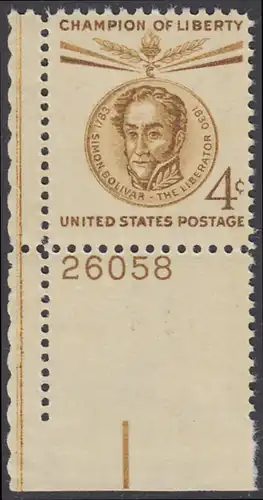 USA Michel 0730 / Scott 1110 postfrisch EINZELMARKE ECKRAND unten links m/Platten-# 26058 - Freiheitskämpfer: 175. Geburtstag von Simón Bolívar, lateinamerikanischer Nationalheld