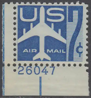 USA Michel 0732A / Scott C051 postfrisch Luftpost-EINZELMARKE ECKRAND unten links m/Platten-# 26047 - Düsenverkehrsflugzeug, Silhouette 
