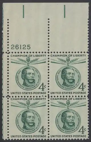 USA Michel 0736 / Scott 1117 postfrisch PLATEBLOCK ECKRAND oben links m/Platten-# 26125 - Freiheitskämpfer: Lajos Kossuth, Führer der ungarischen Unabhängigkeitsbewegung von 1848/1849