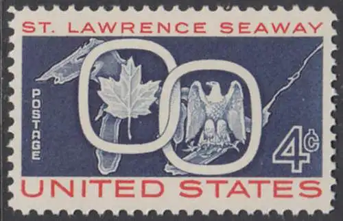 USA Michel 0754 / Scott 1131 postfrisch EINZELMARKE (a1) - Eröffnung des St.-Lorenz-Seeweges; Ahornblatt und amerikanischer Wappenadler über der Landkarte der Großen Seen