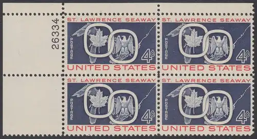 USA Michel 0754 / Scott 1131 postfrisch PLATEBLOCK ECKRAND oben links m/Platten-# 26334 - Eröffnung des St.-Lorenz-Seeweges; Ahornblatt und amerikanischer Wappenadler über der Landkarte der Großen Seen