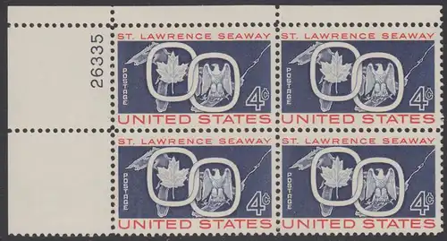 USA Michel 0754 / Scott 1131 postfrisch PLATEBLOCK ECKRAND oben links m/Platten-# 26335 - Eröffnung des St.-Lorenz-Seeweges; Ahornblatt und amerikanischer Wappenadler über der Landkarte der Großen Seen