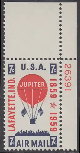 USA Michel 0756 / Scott C054 postfrisch Luftpost-EINZELMARKE ECKRAND oben rechts m/Platten-# 26391 - 100 Jahre Ballon-Postbeförderung