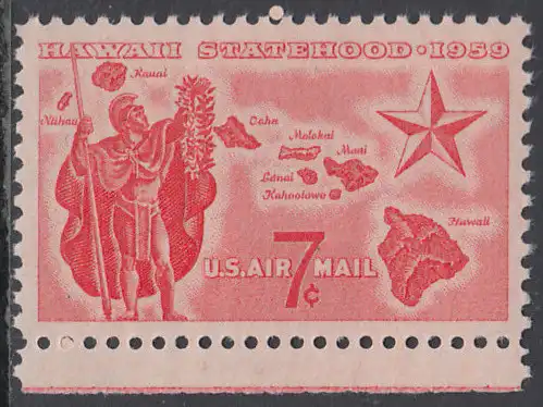 USA Michel 0757 / Scott C055 postfrisch Luftpost-EINZELMARKE RAND unten - Aufnahme von Hawaii in die Union: Eingeborener (Alii-Krieger) und Landkarte von Hawaii 