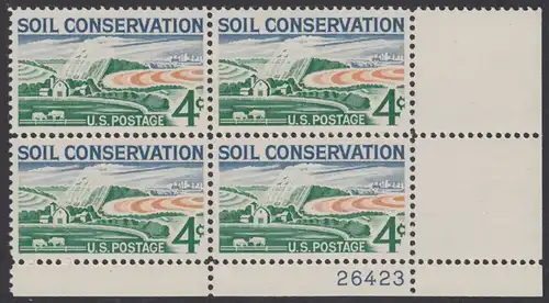 USA Michel 0758 / Scott 1133 postfrisch PLATEBLOCK ECKRAND unten rechts m/Platten-# 26423 - Erhaltung des Agrarlandes, Farm