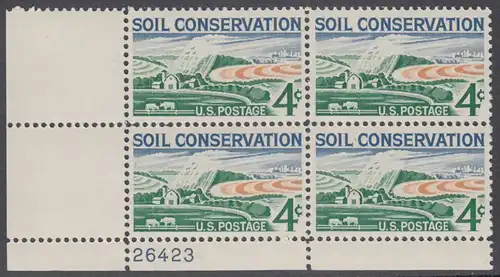 USA Michel 0758 / Scott 1133 postfrisch PLATEBLOCK ECKRAND unten links m/Platten-# 26423 - Erhaltung des Agrarlandes, Farm