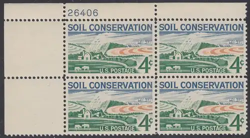 USA Michel 0758 / Scott 1133 postfrisch PLATEBLOCK ECKRAND oben links m/Platten-# 26406 (b) - Erhaltung des Agrarlandes, Farm