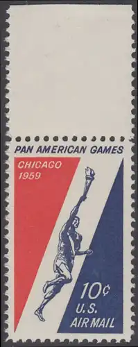 USA Michel 0759 / Scott C56 postfrisch EINZELMARKE RAND oben - Panamerikanische Sportspiele, Chicago; Läufer mit olympischer Fackel 