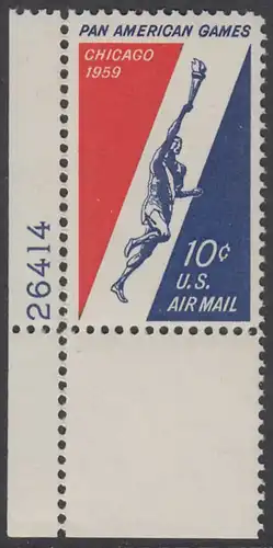 USA Michel 0759 / Scott C56 postfrisch EINZELMARKE ECKRAND unten links m/Platten-# 26414 - Panamerikanische Sportspiele, Chicago; Läufer mit olympischer Fackel 