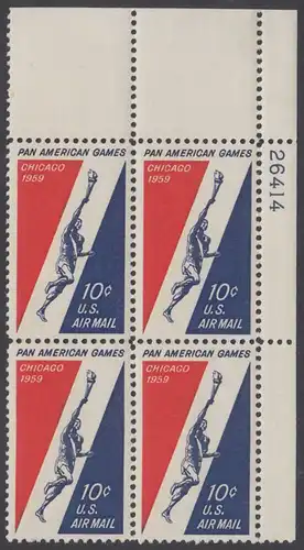 USA Michel 0759 / Scott C56 postfrisch PLATEBLOCK ECKRAND oben rechts m/Platten-# 26414 - Panamerikanische Sportspiele, Chicago; Läufer mit olympischer Fackel 