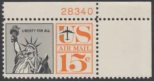 USA Michel 0764II / Scott C063 mit Falzrest Luftpost-EINZELMARKE ECKRAND oben rechts m/Platten-# 28340 - Freiheitsstatue  