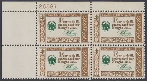 USA Michel 0767 / Scott 1140 postfrisch PLATEBLOCK ECKRAND oben links m/Platten-# 26587 (c) - Amerikanisches Credo mit Aussprüchen berühmter Amerikaner (Benjamin Franklin)