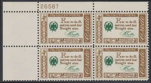 USA Michel 0767 / Scott 1140 postfrisch PLATEBLOCK ECKRAND oben links m/Platten-# 26587 (d) - Amerikanisches Credo mit Aussprüchen berühmter Amerikaner (Benjamin Franklin)