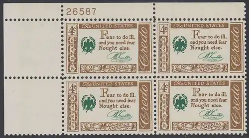 USA Michel 0767 / Scott 1140 postfrisch PLATEBLOCK ECKRAND oben links m/Platten-# 26587 (e) - Amerikanisches Credo mit Aussprüchen berühmter Amerikaner (Benjamin Franklin)