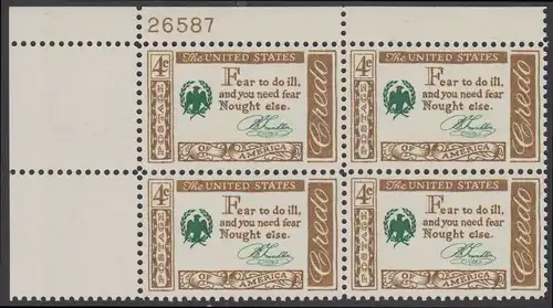 USA Michel 0767 / Scott 1140 postfrisch PLATEBLOCK ECKRAND oben links m/Platten-# 26587 (f) - Amerikanisches Credo mit Aussprüchen berühmter Amerikaner (Benjamin Franklin)