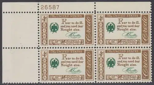 USA Michel 0767 / Scott 1140 postfrisch PLATEBLOCK ECKRAND oben links m/Platten-# 26587 (k) - Amerikanisches Credo mit Aussprüchen berühmter Amerikaner (Benjamin Franklin)