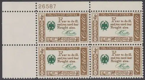 USA Michel 0767 / Scott 1140 postfrisch PLATEBLOCK ECKRAND oben links m/Platten-# 26587 (l) - Amerikanisches Credo mit Aussprüchen berühmter Amerikaner (Benjamin Franklin)