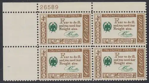 USA Michel 0767 / Scott 1140 postfrisch PLATEBLOCK ECKRAND oben links m/Platten-# 26589 (a) - Amerikanisches Credo mit Aussprüchen berühmter Amerikaner (Benjamin Franklin)