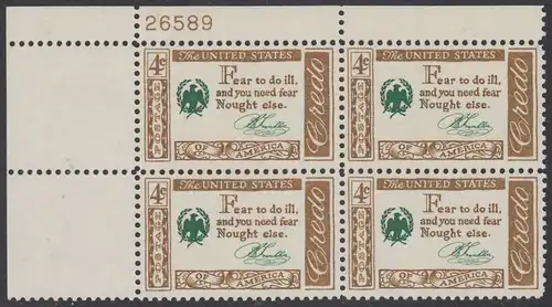 USA Michel 0767 / Scott 1140 postfrisch PLATEBLOCK ECKRAND oben links m/Platten-# 26589 (b) - Amerikanisches Credo mit Aussprüchen berühmter Amerikaner (Benjamin Franklin)