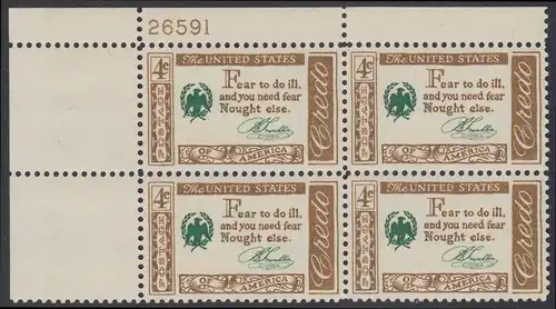 USA Michel 0767 / Scott 1140 postfrisch PLATEBLOCK ECKRAND oben links m/Platten-# 26591 (a) - Amerikanisches Credo mit Aussprüchen berühmter Amerikaner (Benjamin Franklin)