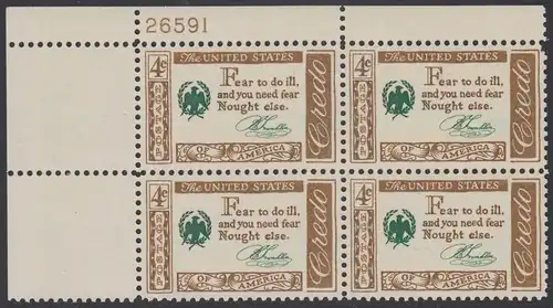 USA Michel 0767 / Scott 1140 postfrisch PLATEBLOCK ECKRAND oben links m/Platten-# 26591 (c) - Amerikanisches Credo mit Aussprüchen berühmter Amerikaner (Benjamin Franklin)