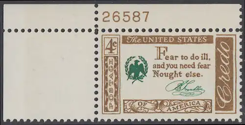 USA Michel 0767 / Scott 1140 postfrisch EINZELMARKE ECKRAND oben links m/Platten-# 26597 (a1) - Amerikanisches Credo mit Aussprüchen berühmter Amerikaner (Benjamin Franklin)