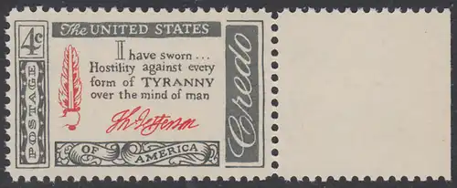 USA Michel 0768 / Scott 1141 postfrisch EINZELMARKE Rand rechts - Amerikanisches Credo mit Aussprüchen berühmter Amerikaner (Thomas Jefferson)