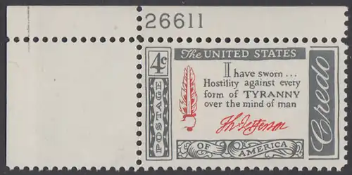 USA Michel 0768 / Scott 1141 postfrisch EINZELMARKE ECKRAND oben links m/Platten-# 26611 - Amerikanisches Credo mit Aussprüchen berühmter Amerikaner (Thomas Jefferson)