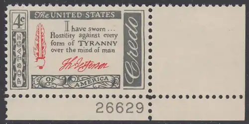 USA Michel 0768 / Scott 1141 postfrisch EINZELMARKE ECKRAND unten rechts m/Platten-# 26629 - Amerikanisches Credo mit Aussprüchen berühmter Amerikaner (Thomas Jefferson)