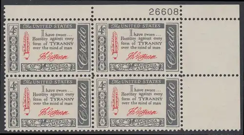 USA Michel 0768 / Scott 1141 postfrisch PLATEBLOCK ECKRAND oben rechts m/Platten-# 26608 - Amerikanisches Credo mit Aussprüchen berühmter Amerikaner (Thomas Jefferson)